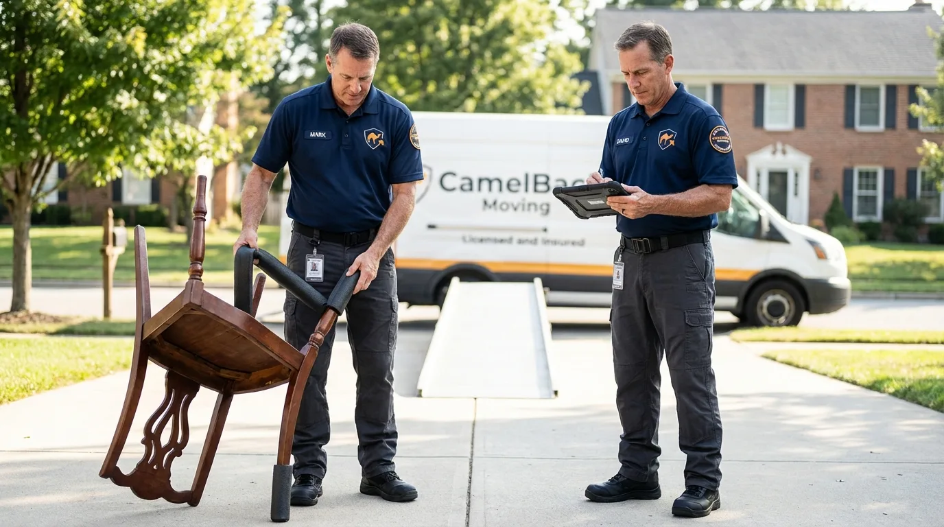 Movers inspecting furniture for damage prevention before loading in Siletz, OR